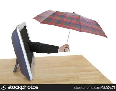weather forecast - hand with checkered umbrella pops out TV screen isolated on white background