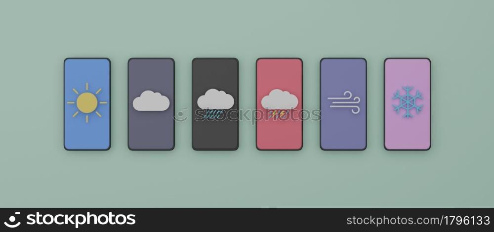 Weather forecast icon natural season graphic on smartphone screen banner background 3D rendering illustration