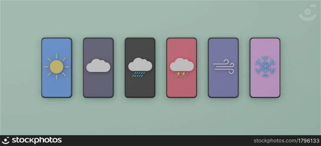 Weather forecast icon natural season graphic on smartphone screen banner background 3D rendering illustration