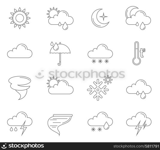 Weather forecast icons outline set with sun clouds storm symbols isolated vector illustration. Weather Icons Outline
