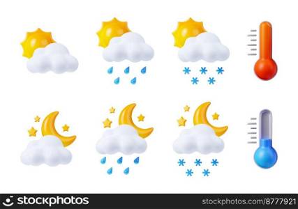 Weather forecast, meteorology icons with sun, moon, clouds, rain drops, snow and thermometers.Day and night symbols for rainy and snowy weather, hot and cold air temperature, 3d render set. Weather forecast icons with thermometers