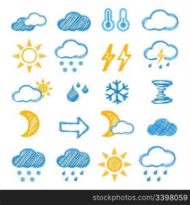 Weather icons doodles hand drawn set on white