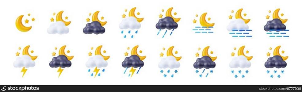 Weather icons, meteorology forecast for night in summer and winter. Weather symbols with moon, clouds, rain drops, snow, lightning and fog isolated on white background, 3d render set. Weather icons, meteorology forecast for night