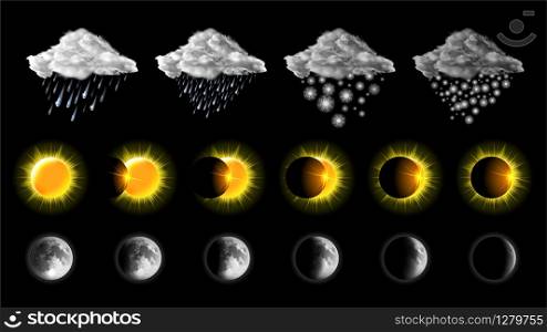Weather meteo icons realistic set vector illustration. Elements for weather forecast, clouds with snow and rain, different phases or stages of solar and lunar eclipses isolated on black background. Weather meteo icons realistic set