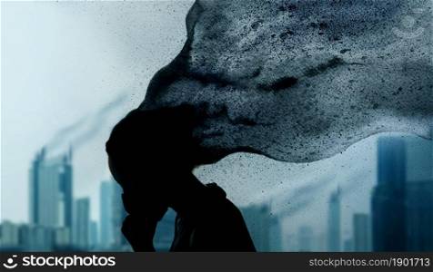 Weather, Pollution and Ecology Issue Concept. Silhouette of Woman with Protection Mask Coughing in City combined with urban building and Watercolors. Dark Blue Tone