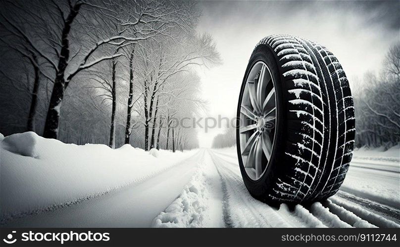 Weather tire running in the snow. Road safety. Ge≠rative AI
