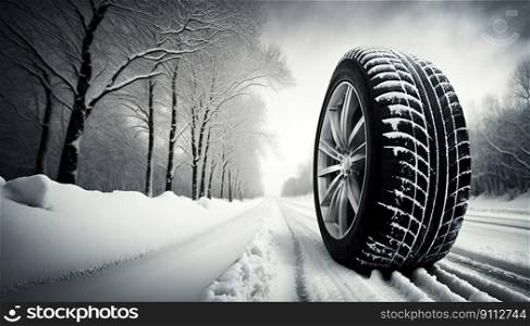 Weather tire running in the snow. Road safety. Ge≠rative AI