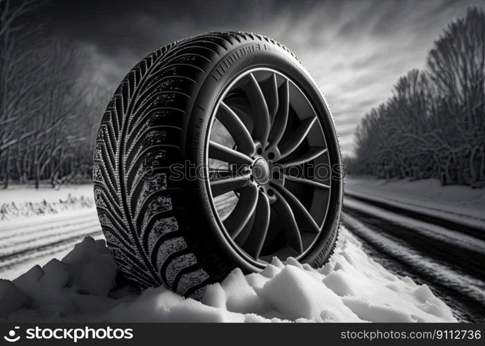 Weather tire running in the snow. Road safety. Generative AI