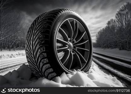Weather tire running in the snow. Road safety. Generative AI