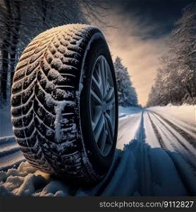 Weather tire running in the snow. Road safety. Generative AI