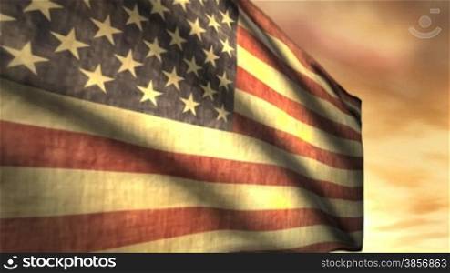 Weathered American Flag Blowing in Sunset Wind Animation. Great for themes of patriotism, government, American, independence, memorial, celebrations, freedom, nostalgia, pride, conflict