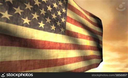 Weathered American Flag Blowing in Sunset Wind Animation. Themes: patriotism, government, American, independence, memorial, celebrations, freedom, nostalgia, pride...