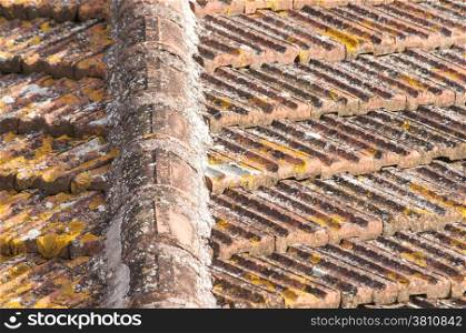 Weathered tiles of old house roof as background
