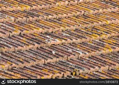 Weathered tiles of old house roof as background