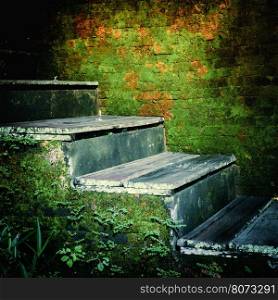 Weathered wooden stairs of abandoned tropical house. Amazing mossy wall on background