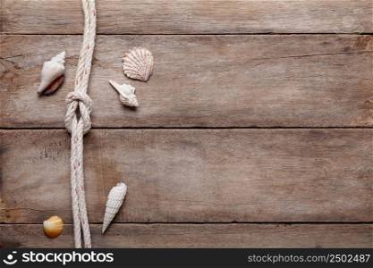 Weathered wooden table background with rope reef knot and shells
