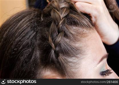 weaving braids brunette in a hairdressing salon