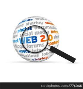 Web 2.0 3d Word Sphere with magnifying glass on white background.