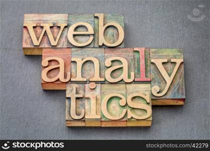web analytics banner - word abstract in letterpress wood type against gray slate stone