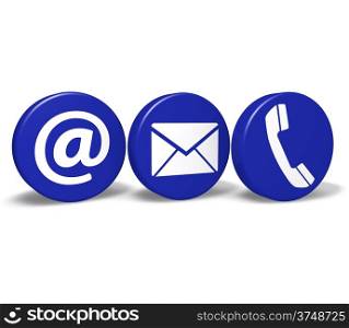 Web and Internet contact us concept with email, at and telephone icons and symbol on three blue round buttons isolated on white background.
