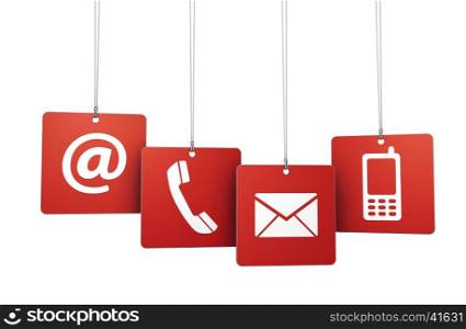 Web and Internet contact us symbol on red hanged tags with at, email, mobile and telephone icons isolated on white background.