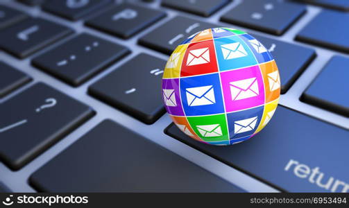 Web and Internet e-mail digital marketing concept with a computer keyboard and colorful email icons on a globe 3D illustration.
