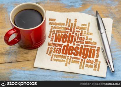 web and website design concept - a word cloud on a napkin with a cup of espresso coffee