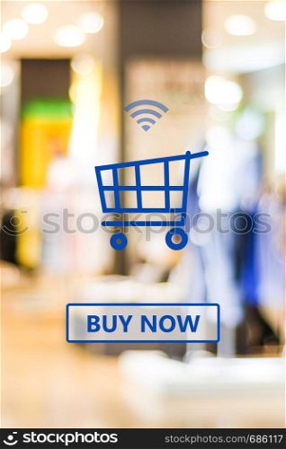 Web banner, Shopping online device on blur store background, business and technology, online shopping concept