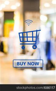 Web banner, Shopping online device on blur store background, business and technology, online shopping concept