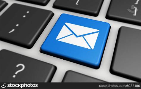 Web contact us and customer newsletter concept with email icon on blue computer keyboard 3D illustration.