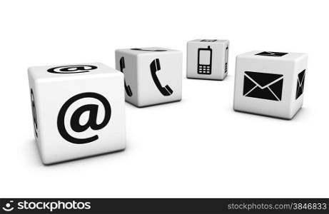 Web contact us Internet concept with email, mobile phone and at black icons and symbol on four white cubes for website, blog and on line business.