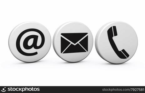 Web contact us Internet concept with email, phone and at black icon and symbol on white buttons for website, blog and on line business.