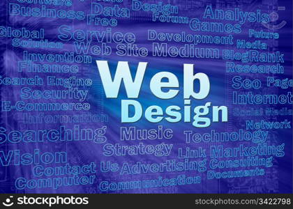 Web design concept in blue virtual space with internet related words