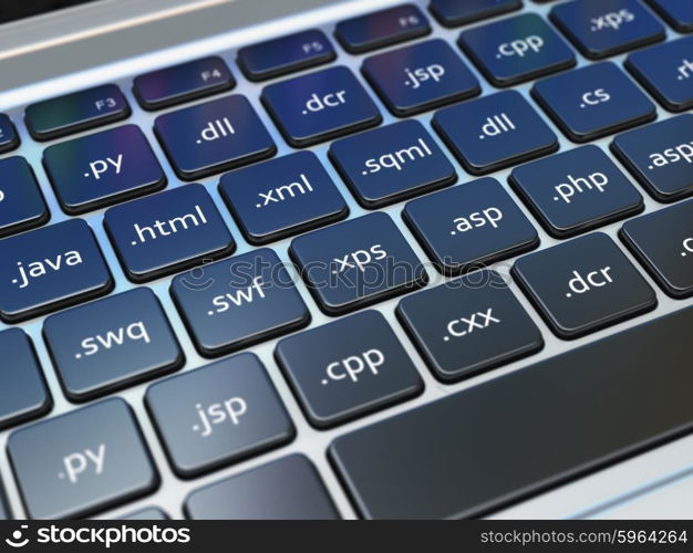 Web design development concept, Programming or SEO termnes on the laptop keyboard. 3d