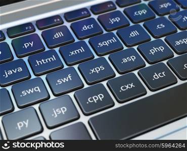 Web design development concept, Programming or SEO termnes on the laptop keyboard. 3d