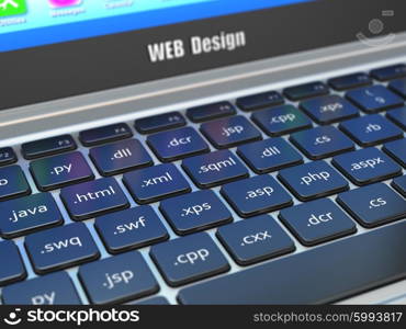 Web design development concept, Programming or SEO termnes on the laptop keyboard. 3d