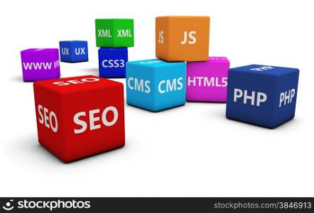 Web design development, Internet and SEO concept with programming language sign on colorful cubes isolated on white background.