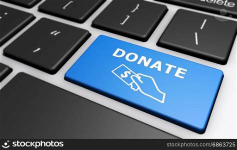 Web donations concept with a blue computer key with donate sign and icon 3D illustration.