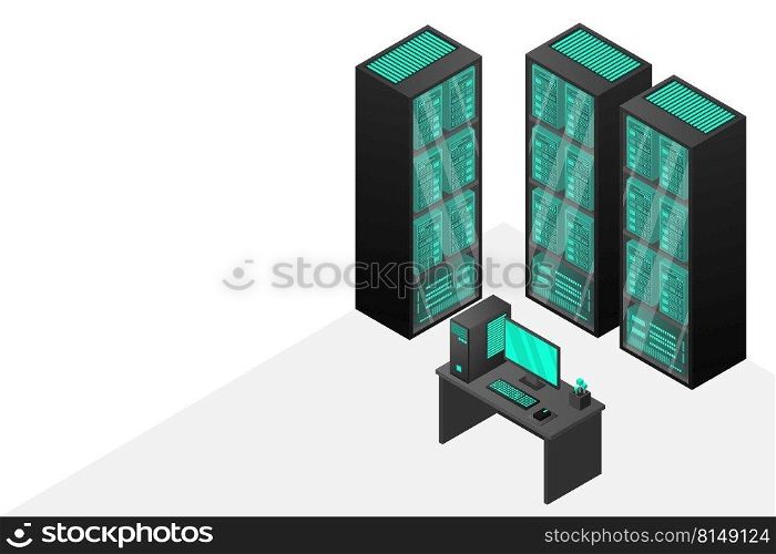 Web hosting and big data processing, server room rack. Concept of data center isometric.