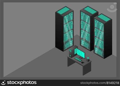 Web hosting and big data processing, server room rack. Concept of data center isometric.