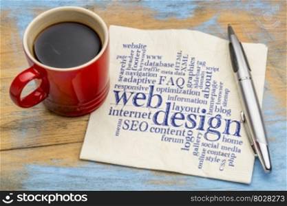 web or website design concept - a word cloud on a napkin with a cup of coffee
