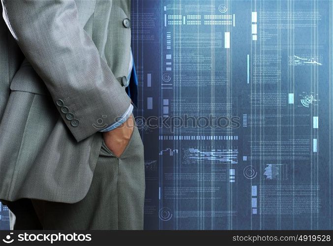 Web site creation. Bottom view of businessman and digital background