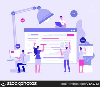 Web site development. Designers and programers create corporate site. Website coding vector concept. Illustration of development website internet page. Web site development. Designers and programers create corporate site. Website coding vector concept