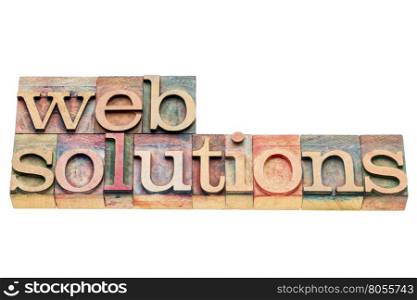 web solutions banner in letterpress wood type printing blocks isolated on white