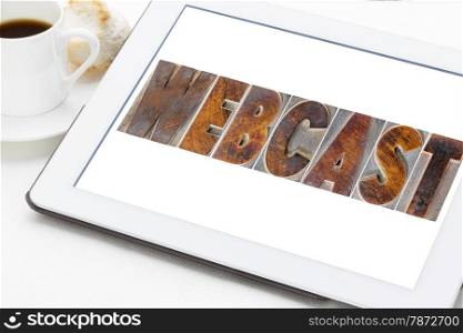 webcast word in vintage letterpress wood type printing blocks on a digital tablet