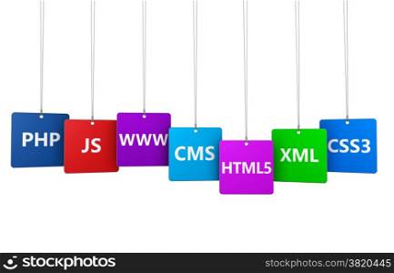 Webdesign and Internet concept with programming languages name and website development tool on colorful hanged tags isolated on white background.