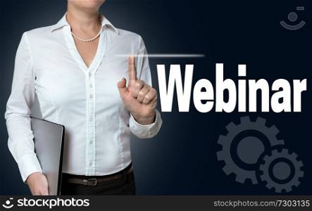 webinar touchscreen is operated by businesswoman background.. webinar touchscreen is operated by businesswoman background