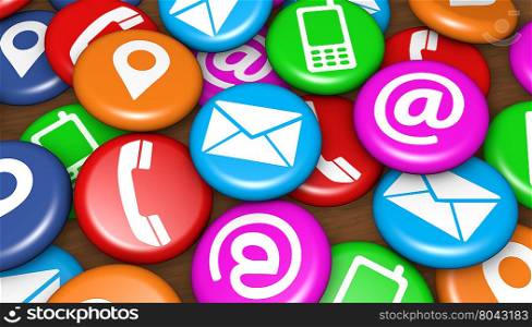 Website and Internet concept with contact us icons and phone, location and email symbol on colorful scattered badges.