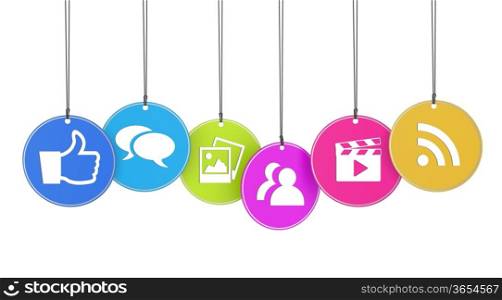 Website and Internet concept with social media icons on colorful hanged tags isolated on white background.