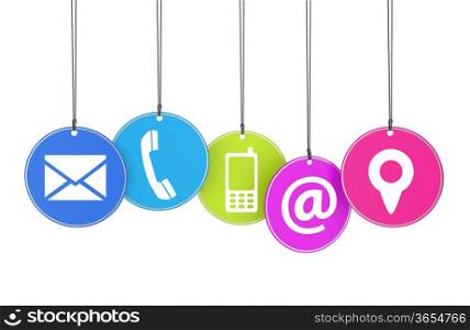Website and Internet contact page concept with icons on colorful hanged tags isolated on white background.